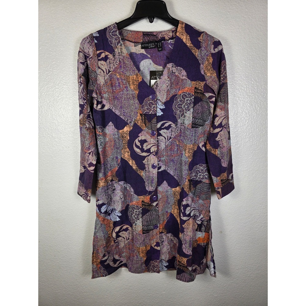 Attitudes by Renee Purple Abstract Paisley Button Front Tunic Top XXS